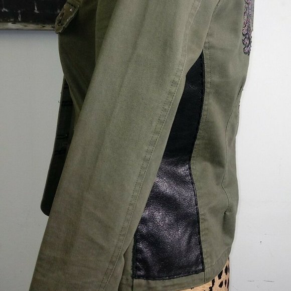 "JADED BY KNIGHT” Army Green Moto Blazer/Black Real LeatherAccents&Crystals M - Picture 7 of 8